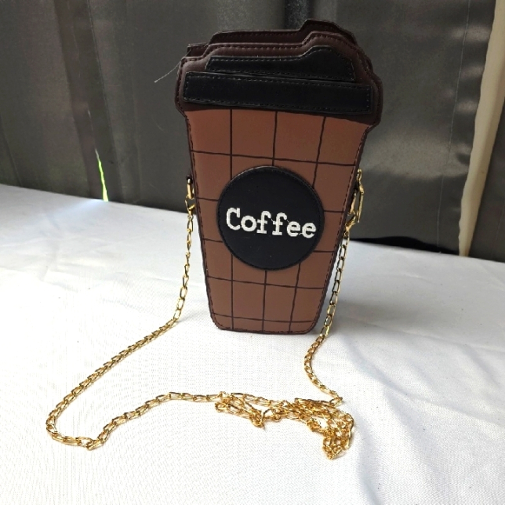 Brown Coffee Cup Crossbody Bag Gold Chain Strap‎ Zips 8" Novelty Purse NWOT